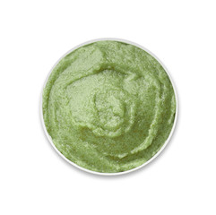 Jar of sugar scrub on white background