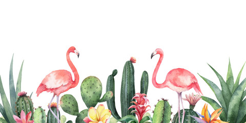 Naklejki  Akwarela wektor transparent tropikalne kwiaty, Flamingo i kaktusy na białym tle.