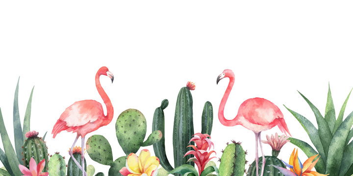 Watercolor vector banner tropical flowers, Flamingo and cacti isolated on white background.