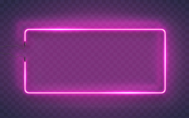 Neon rectangle lamp wall sign isolated on transparent background. Vector pink power glowing bulb banner, light line frame for your design. © Kindlena