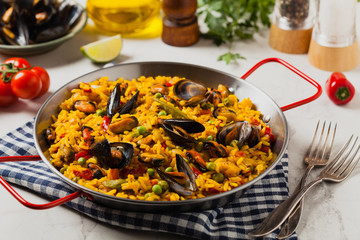 Traditional paella with mussels.