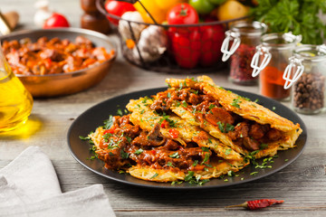 Hungarian potato pancake with goulash