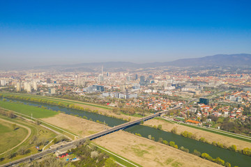 Croatia, Zagreb city, panoramic aerial view of Bundek lake from drone