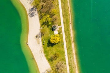 Croatia, Zagreb city, panoramic aerial view of Jarun lake from drone, overhead view, of island