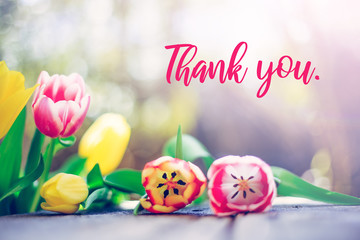 Thank you: Arrangement of colorful spring flowers in the own garden blurry background, “Thank you”