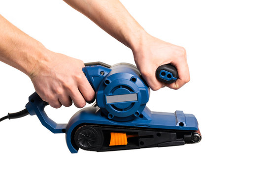 sandar tool with mans hands isolatd on white background