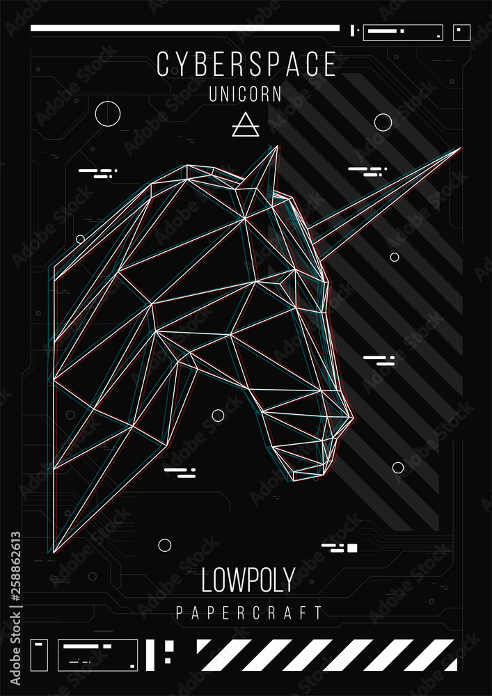 Poster abstract low poly template. poster with poligonal unicorn. layout with futuristic hud elements.