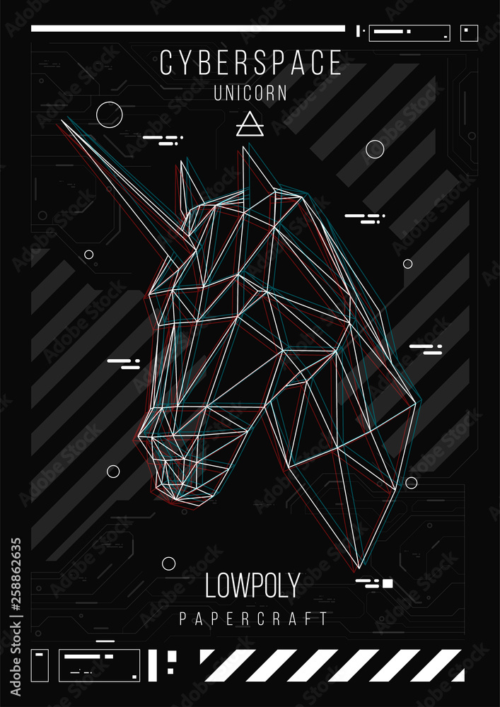 Poster abstract low poly template. poster with poligonal unicorn. layout with futuristic hud elements.