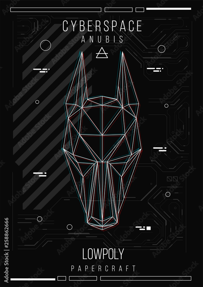Poster abstract low poly template. poster with poligonal anubis. layout with futuristic hud elements.
