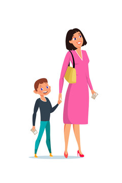Mother and son walking flat vector illustration