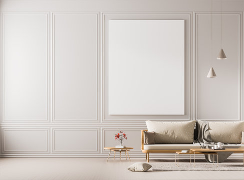 Fototapeta Mock up poster frame in scandinavian style interior. Minimalist interior design. 3D illustration.