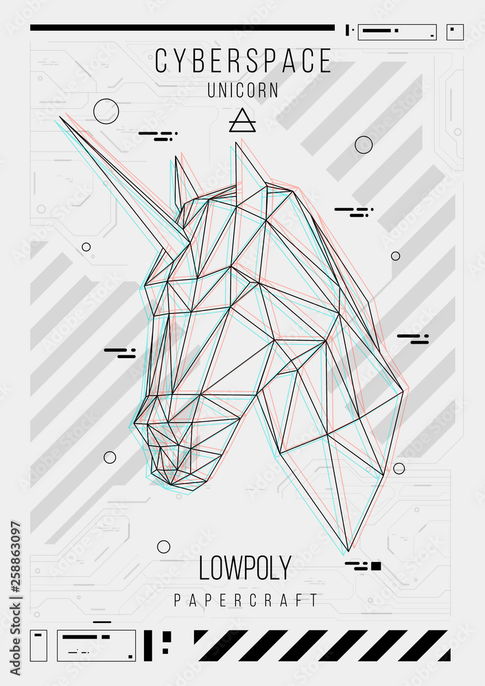 Poster abstract low poly template. poster with poligonal unicorn. layout with futuristic hud elements.