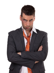 Close up of a businessman with bloody lip, beaten and bruised