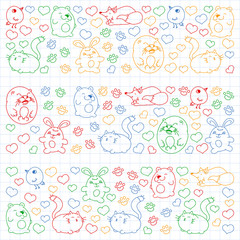 Vector set of beautiful round icons in the form of wild animals for children and design, print, cat ,bear, fox, bird ,hare or rabbit. Round animals with caption on white background with cage.