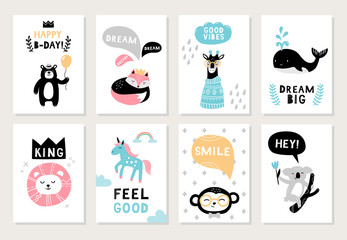 Cute hand-drawn animals on postcards: bear, fox, giraffe, seal, lion, unicorn, monkey and koala. Doodle Vector illustration with text. Good for posters, cards, t-shirts, banners and ads.