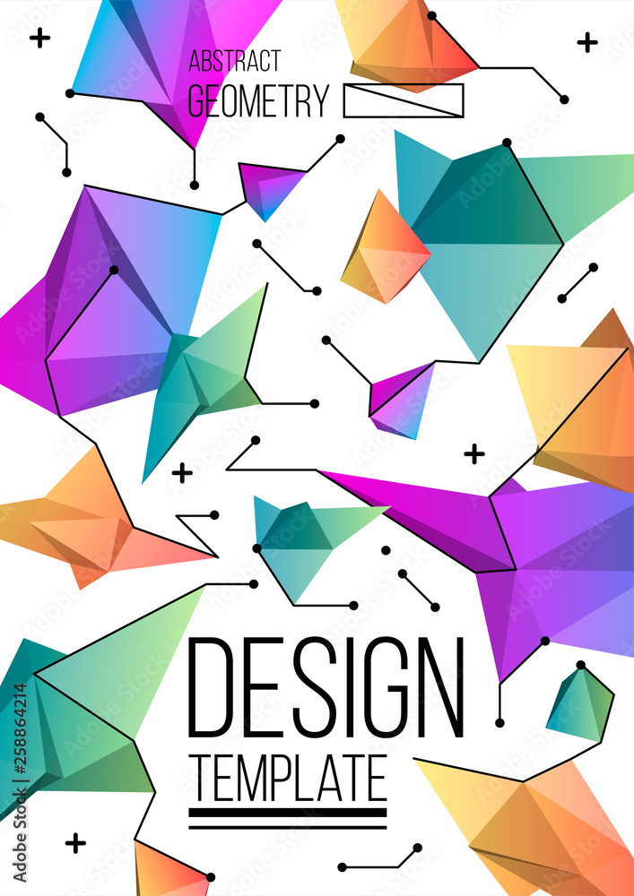 Poster minimal geometric background with low poly elements. simple shapes with trendy gradients.