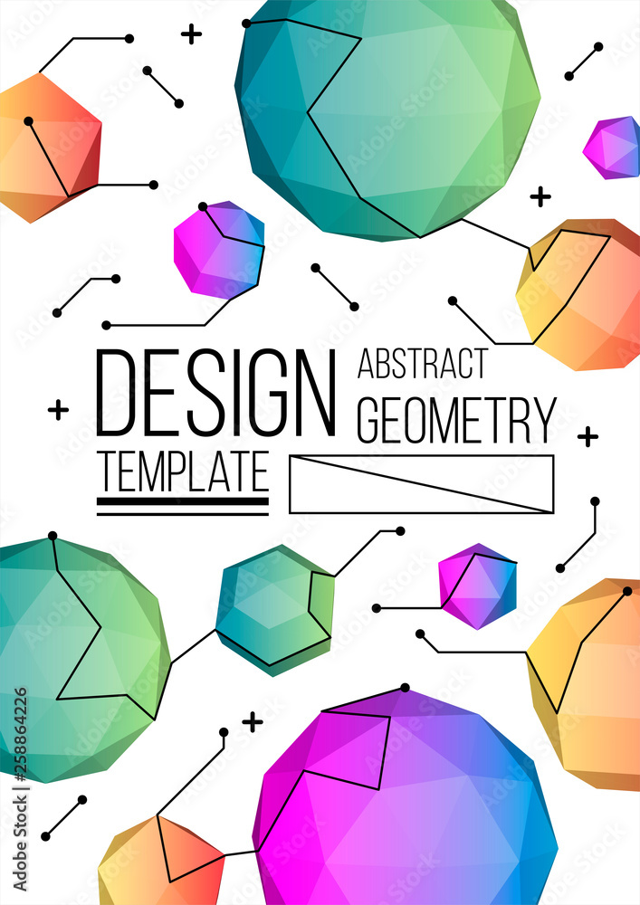 Poster minimal geometric background with low poly elements. simple shapes with trendy gradients.