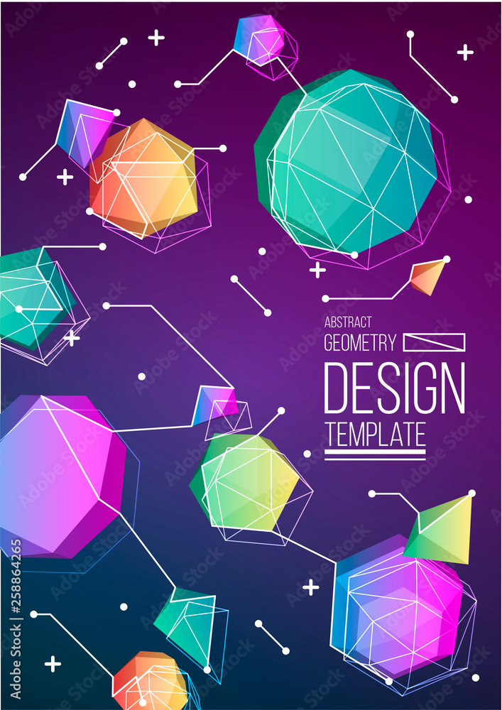 Poster minimal geometric background with low poly elements. simple shapes with trendy gradients.