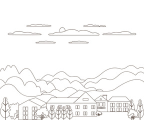 Thin line outline landscape rural farm. Panorama outdoor design village modern with mountain, hill, tree, sky, cloud and sun. Line art stile abstract backround, linear vector illustration