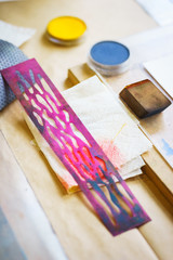 Pastel colors in a plastic round palette. Accessories and tools of the artist for drawing. 