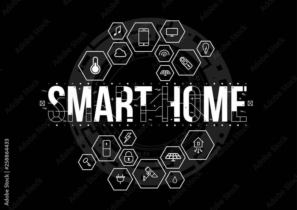 Poster smart home. conceptual layout with hud elements for print and web. lettering with futuristic user in