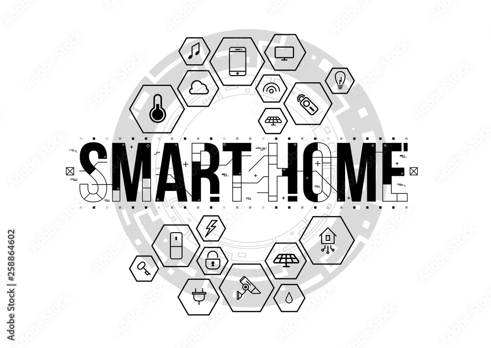 Fototapete smart home. conceptual layout with hud elements for print and web. lettering with futuristic user in
