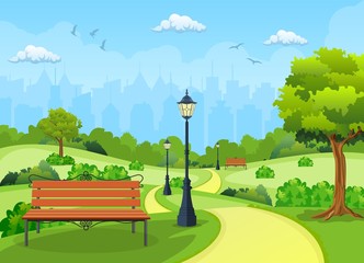 Bench with tree and lantern in the Park. Vector illustration in flat style - obrazy, fototapety, plakaty