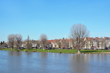 View over lower Neckar river bank with big meadow called 