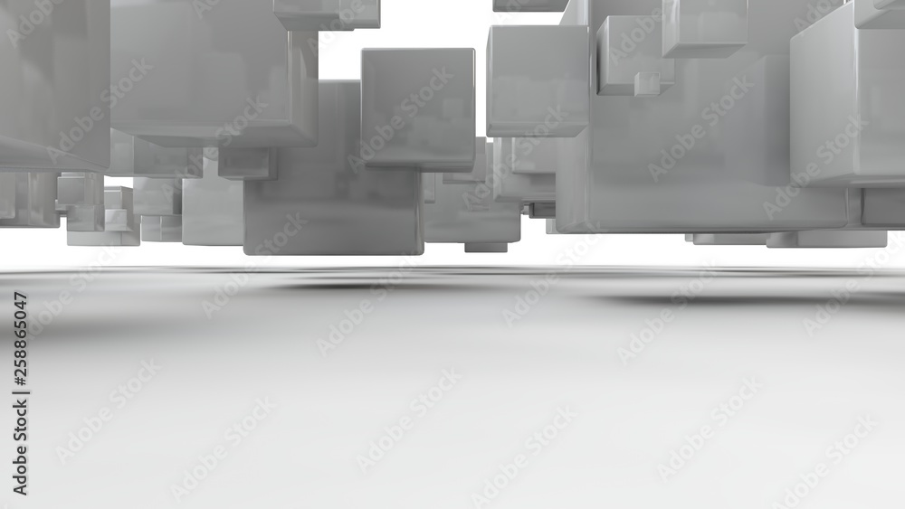 Poster 3d rendering of an array of white cubes, a set of geometric shapes, with smooth faces, straight edge