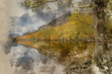 Watercolour painting of Beautiful Autumn Fall landscape image of Lake Buttermere in Lake District England