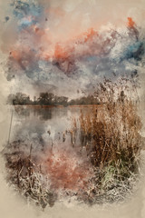 Watercolour painting of Stunning colorful Winter sunrise over reeds on lake in Cotswolds in England