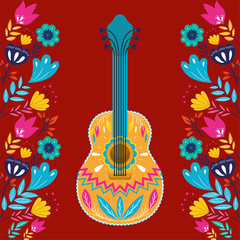 Fototapeta na wymiar cinco de mayo card with guitar and flowers