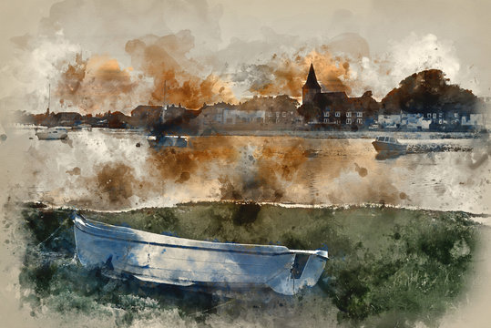 Watercolour painting of Beautiful Summer sunset landscape over low tide harbor with moored boats
