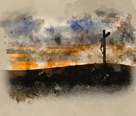 Watercolour painting of Jesus Christ Crucifixion on Good Friday Silhouette reflected in lake water - 258865685