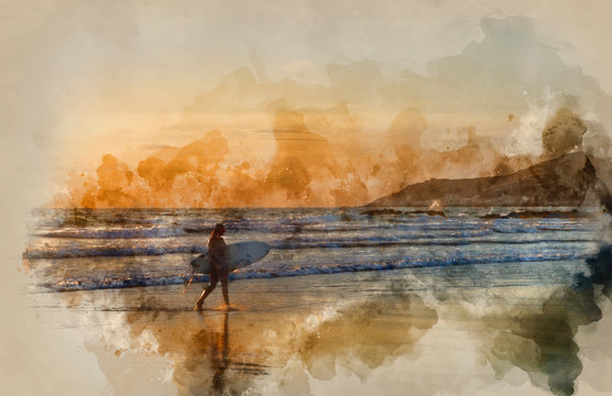 Watercolour painting of Female surfer with surfboard silhouette against stunning sunset on beach