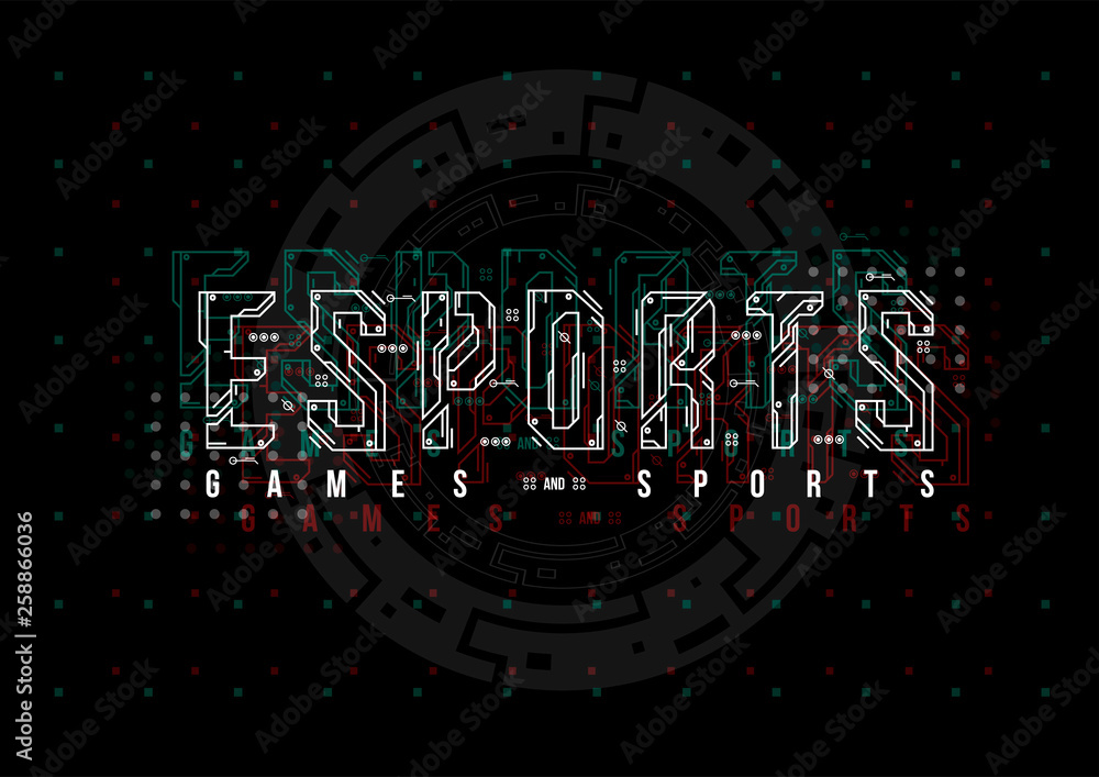 Poster Esports. Conceptual Layout with HUD elements for print and web. Lettering with futuristic user interface elements.