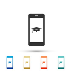 Graduation cap and smartphone icon. Online learning or e-learning concept icon isolated on white background. Set elements in color icons. Vector Illustration