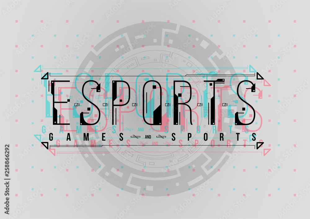 Poster Esports. Conceptual Layout with HUD elements for print and web. Lettering with futuristic user interface elements.
