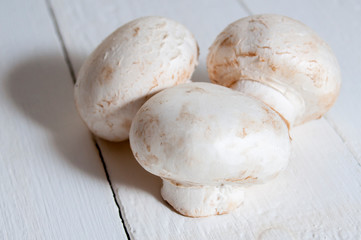 Fresh champignons on white wooden background. Close-up.