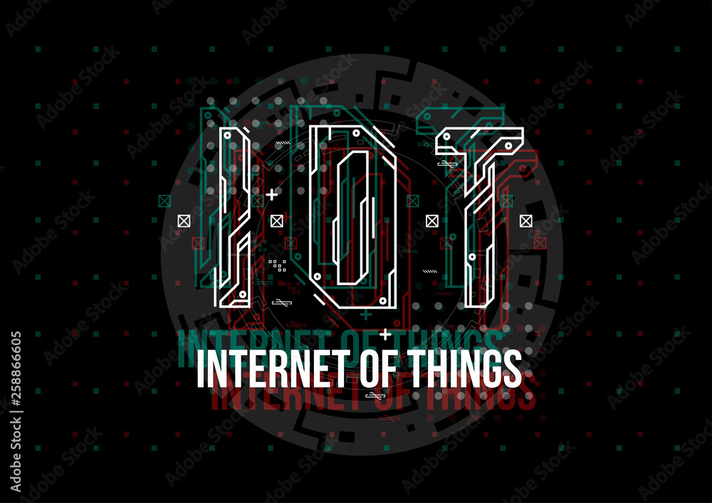 Poster IOT. Conceptual Layout with HUD elements for print and web. Lettering with futuristic user interface elements.