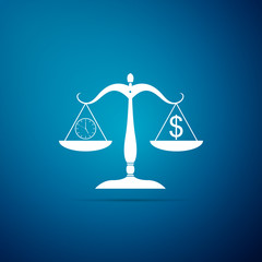 Scale weighing money and time icon isolated on blue background. Scales with hours and a coin. Balance between work and the given time. Business concept. Flat design. Vector Illustration