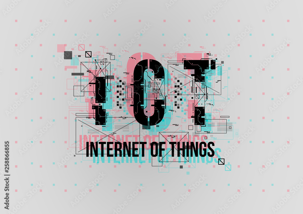 Poster IOT. Conceptual Layout with HUD elements for print and web. Lettering with futuristic user interface elements.