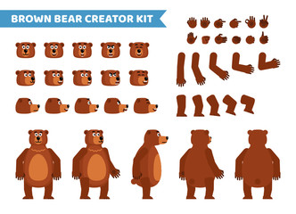 Brown bear creation set. Various gestures, emotions, diverse poses, views. Create your own pose, animation. Flat style vector illustration