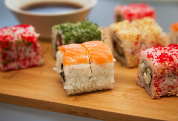 Sushi roll japanese food. Japan restaurant menu. homemade sushi with salmon