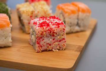 Sushi roll japanese food. Japan restaurant menu. homemade sushi with salmon