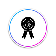 Thumbs up on medal badge with ribbons icon isolated on white background. Circle white button. Vector Illustration