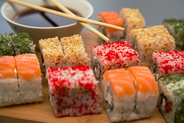 Sushi roll japanese food. Japan restaurant menu. homemade sushi with salmon