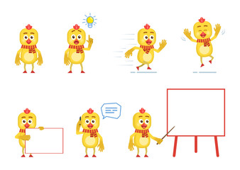Set of cartoon chicken characters posing in different situations. Cheerful chicken talking on phone, pointing up, running, jumping, holding banner, pointing to whiteboard. Flat vector illustration