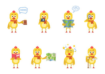 Set of chicken characters posing in different situations. Cheerful chicken holding mug of beer, photo camera, map, magnifier, reading a book, injured, dizzy. Flat style vector illustration