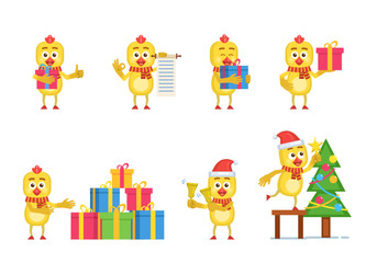 Set of cartoon chicken characters posing in different situations. Cheerful chicken holding gift box, scroll, jingle bells, decorating Christmas tree, pointing to presents. Flat vector illustration